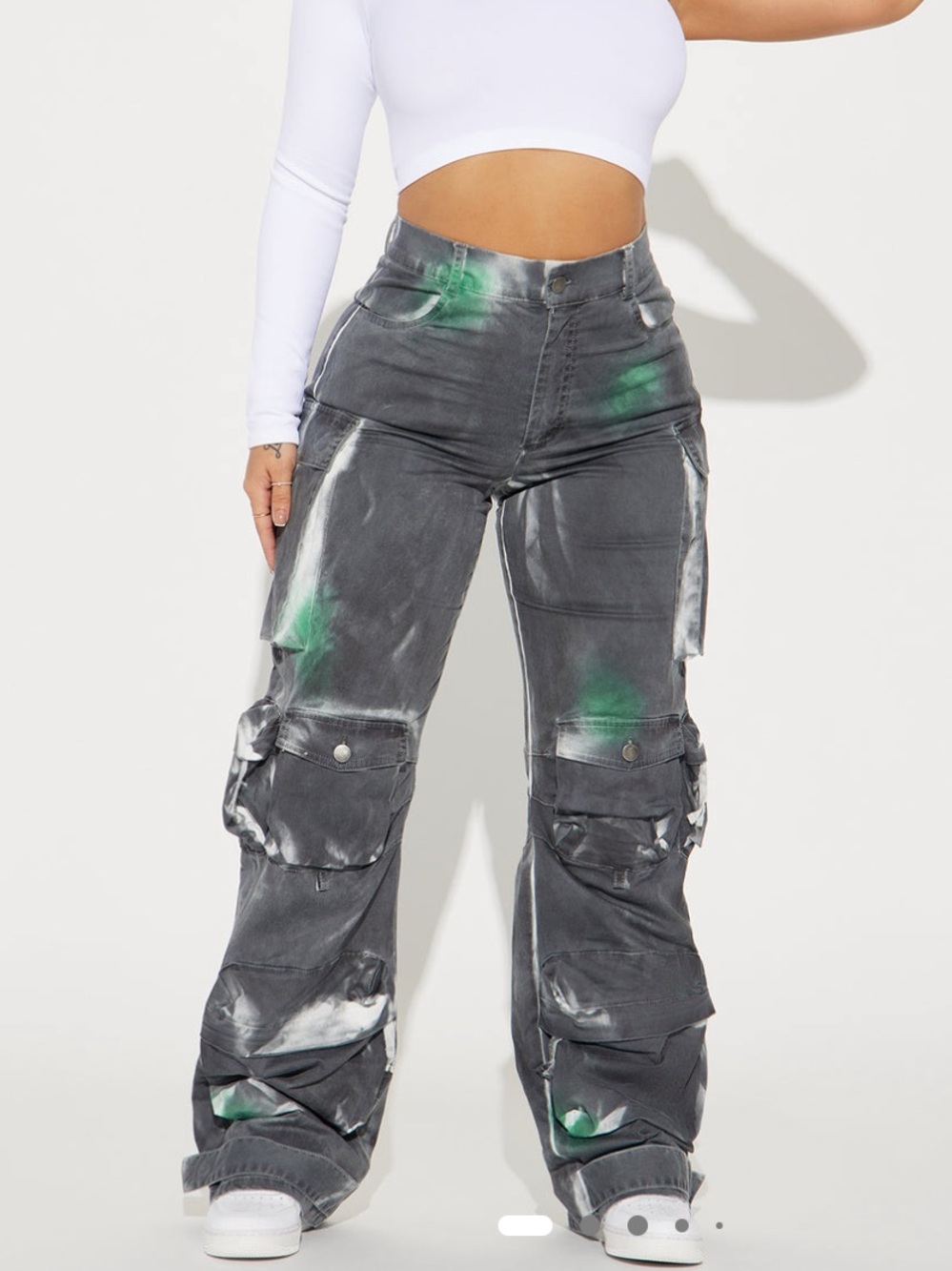 Fashion Nova Gray Tie-Dye Cargo Pants with Green Accents
